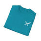 Folded teal t-shirt with a white logo on a white background