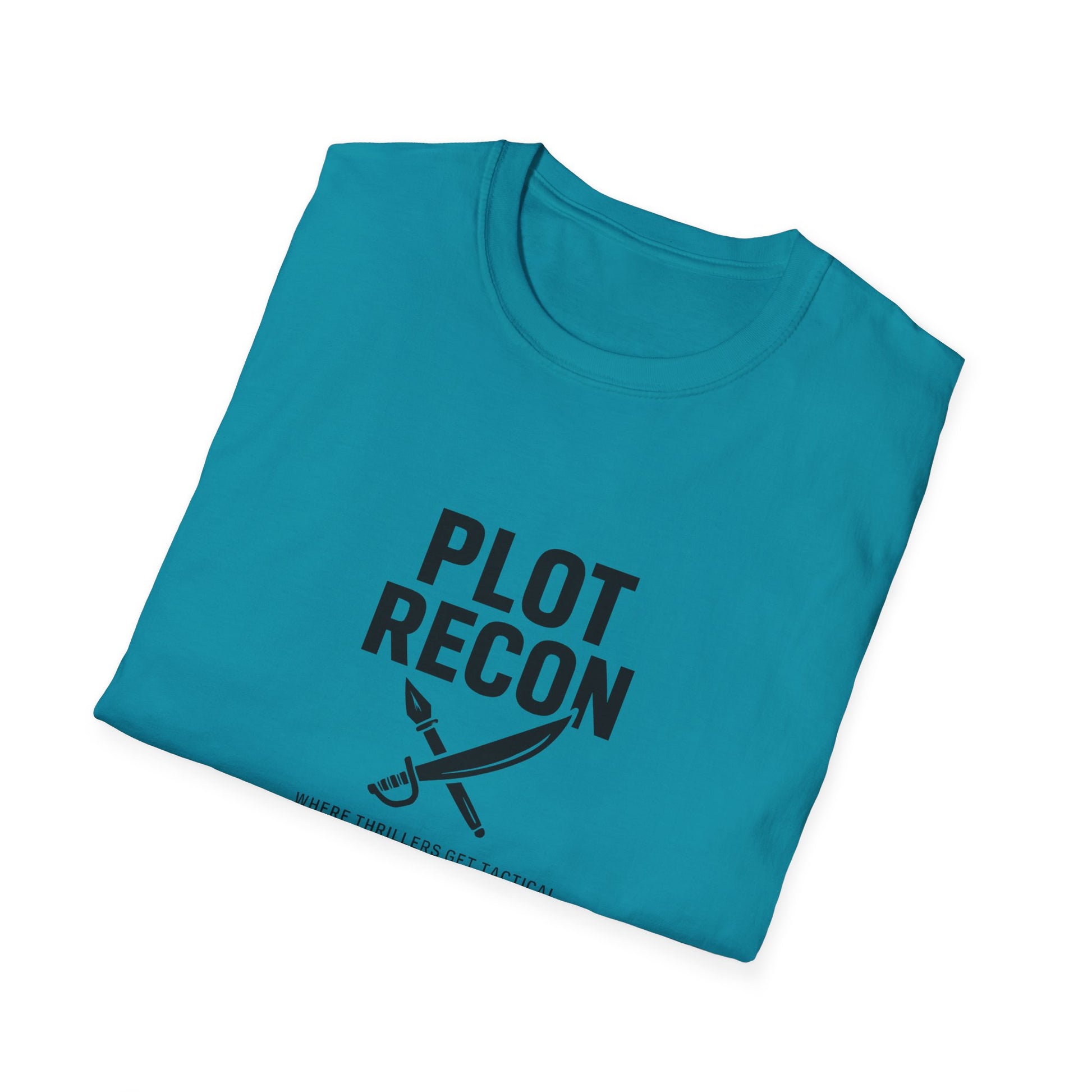 Folded teal t-shirt with 'PLOT RECON' text and a sword graphic on a white background