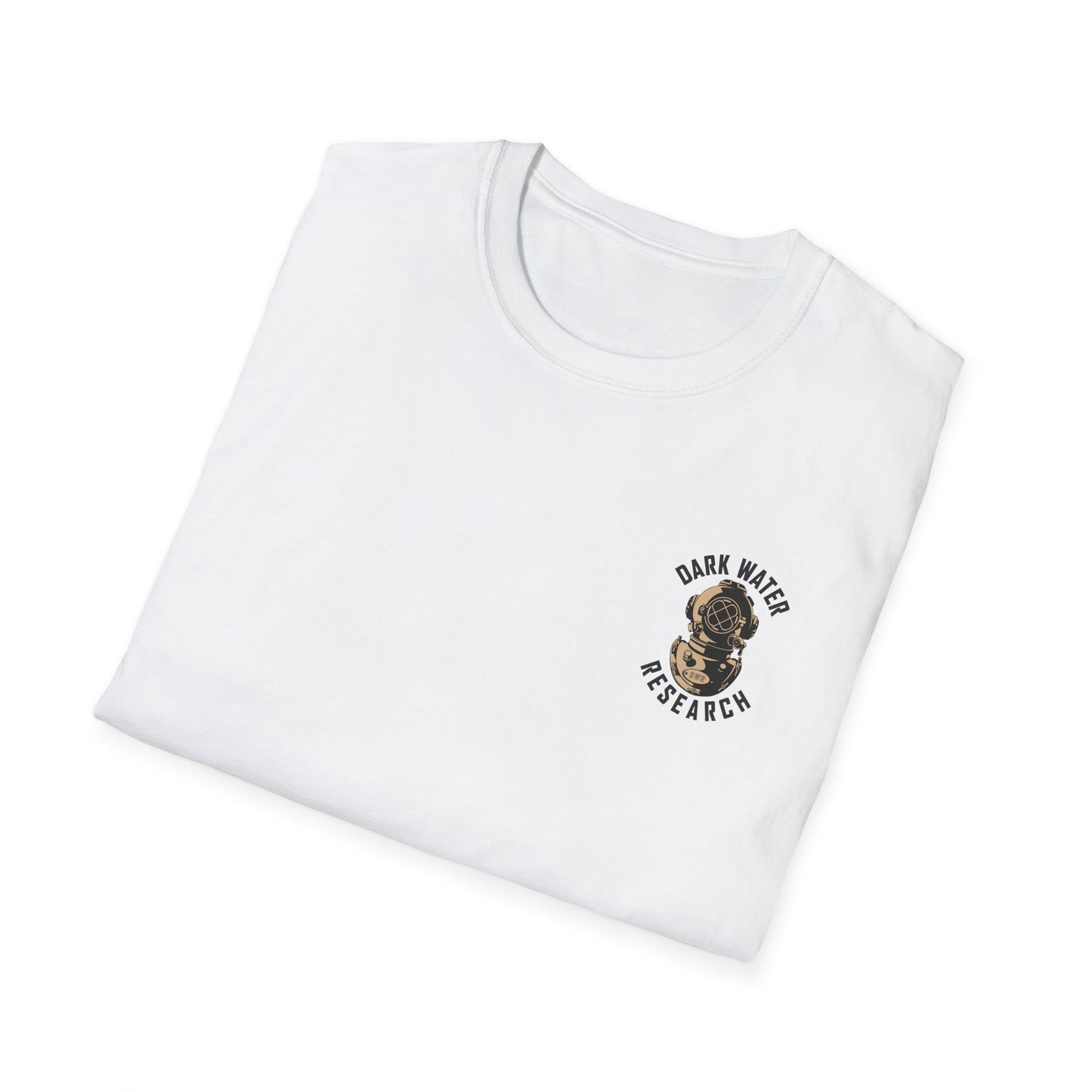 Folded white t-shirt with 'Dark Water Research' logo on a white background