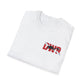 White t-shirt with a red and black logo on a white background
