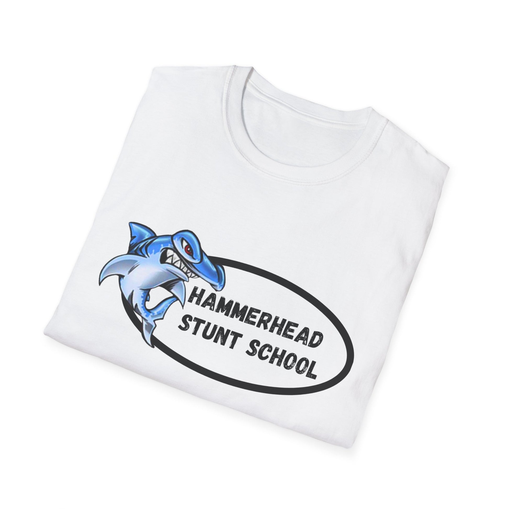 White t-shirt with a blue shark graphic and 'Hammerhead Stunt School' text on a white background