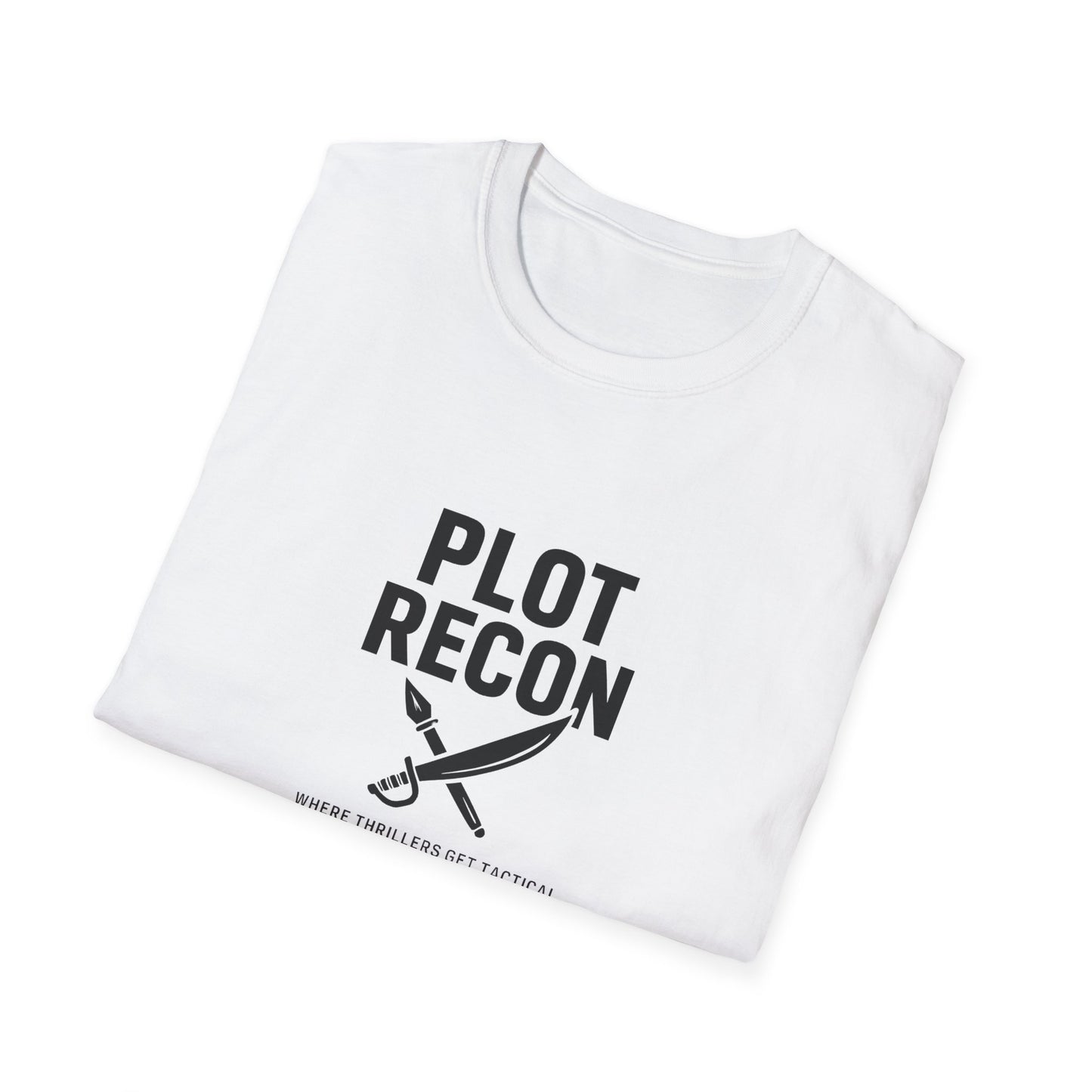 White t-shirt with 'Plot Recon' text and logo on a white background