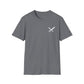 Gray t-shirt with a white logo on a white background