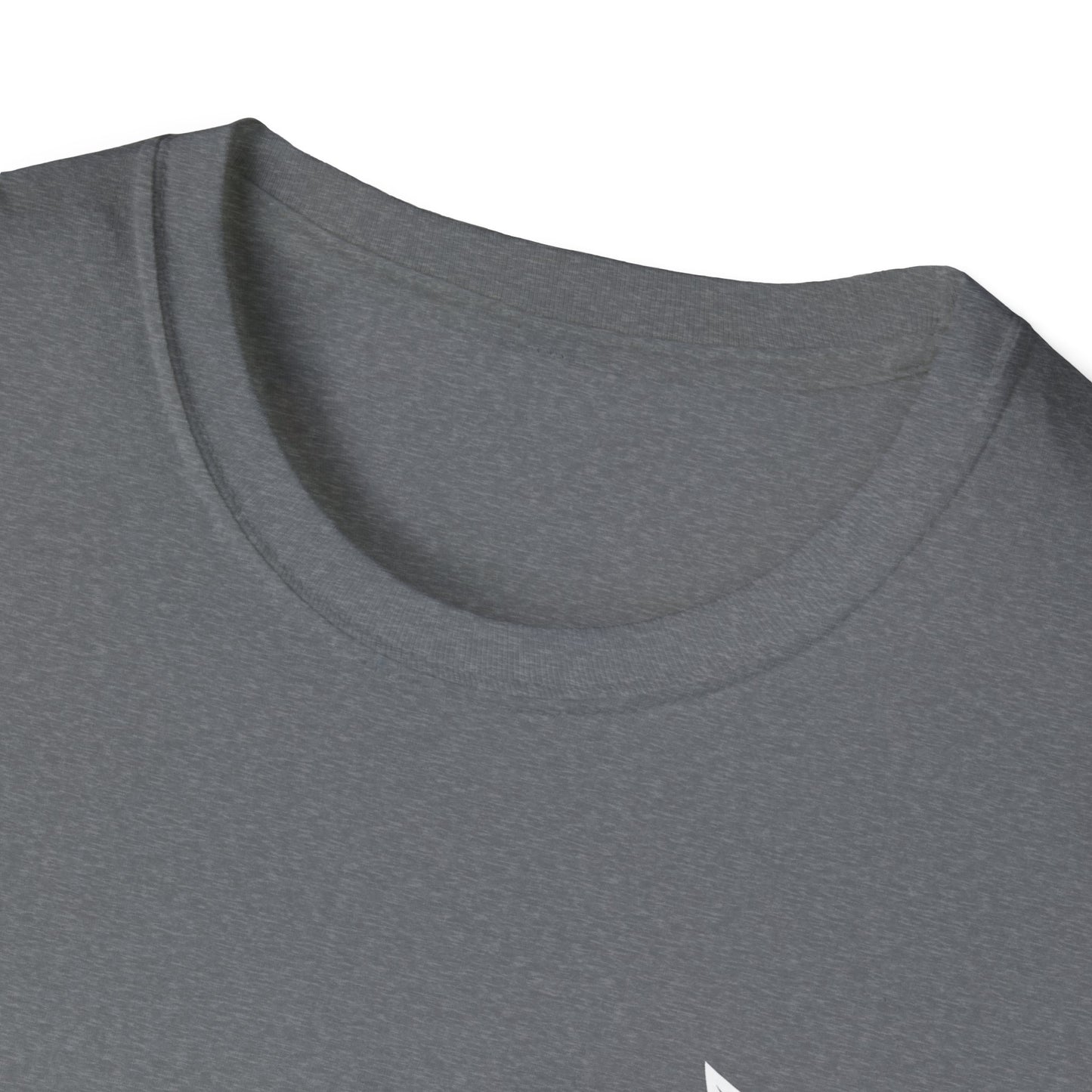 Close-up of a gray t-shirt with a brand logo on a white background