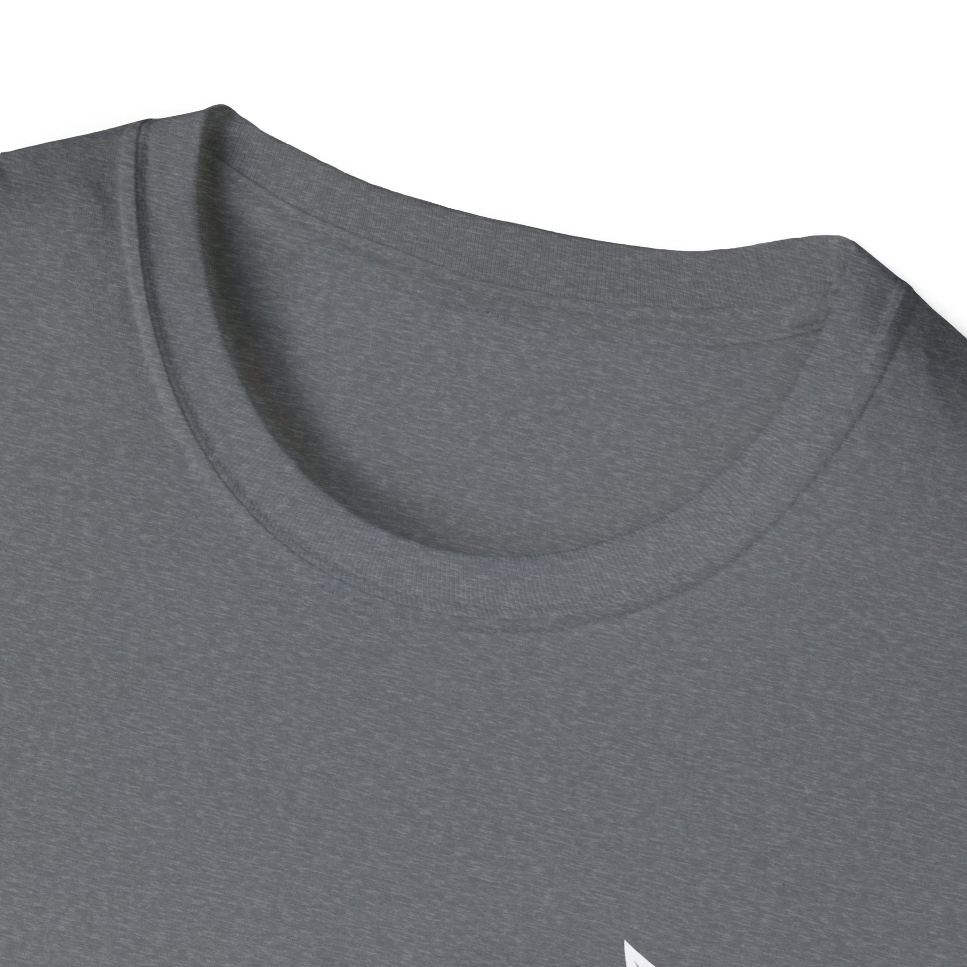 Close-up of a gray t-shirt with a brand logo on a white background