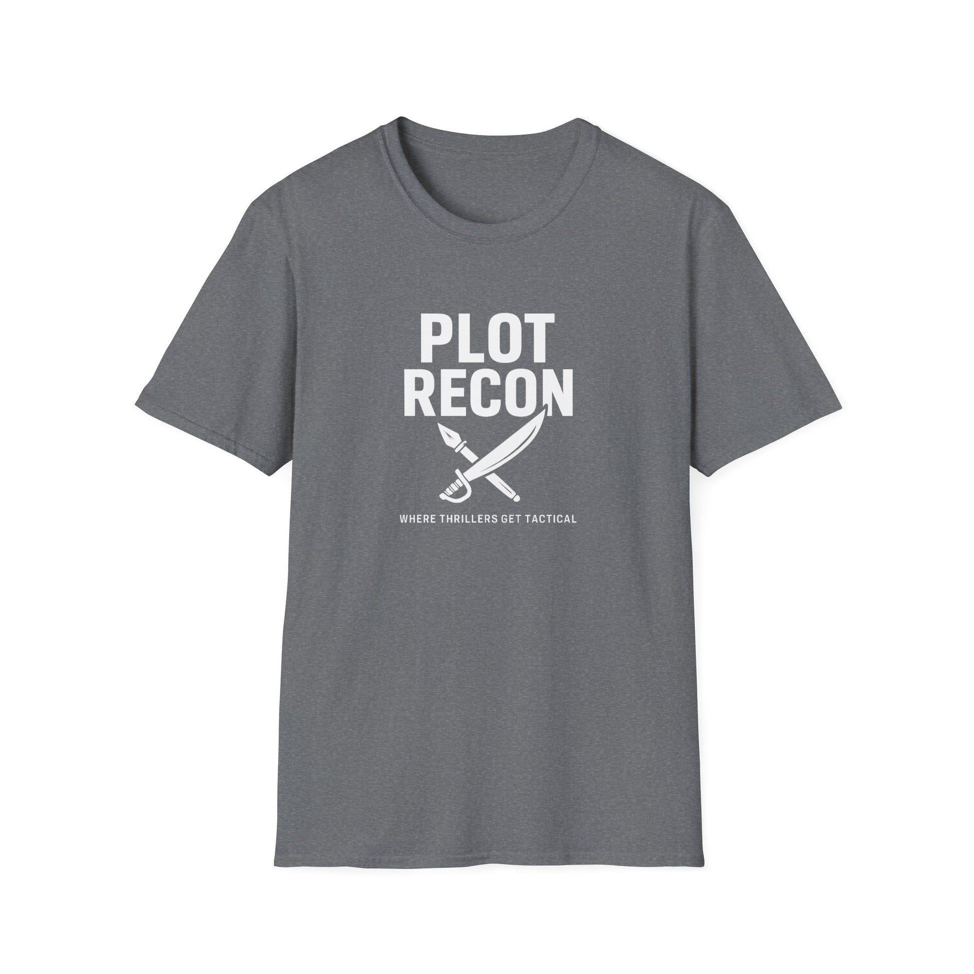 Gray t-shirt with 'Plot Recon' text and graphic on a white background