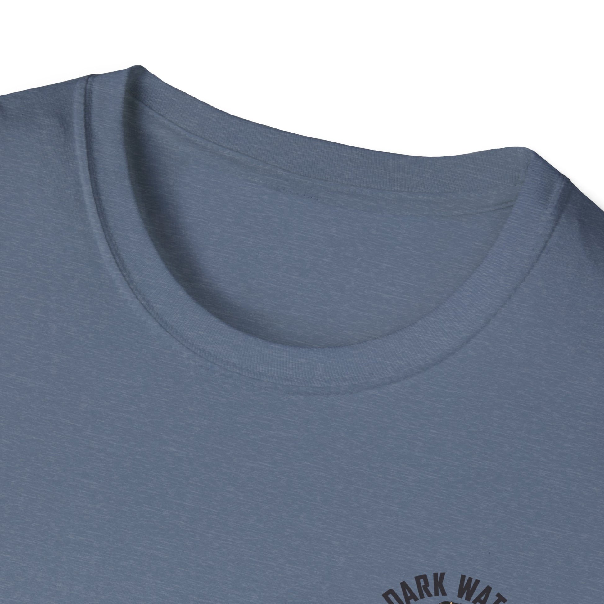 Close-up of a blue t-shirt with 'Dark Water' text on a white background