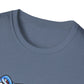 Close-up of a blue t-shirt with a character design on a white background