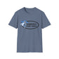 Blue t-shirt with a hammerhead shark graphic and text on a white background