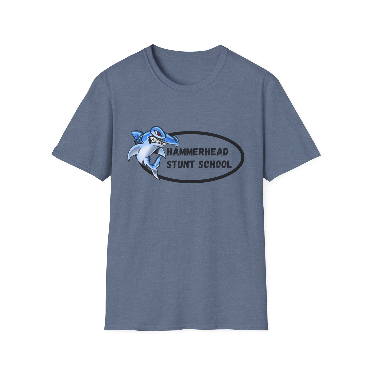 Blue t-shirt with a hammerhead shark graphic and text on a white background