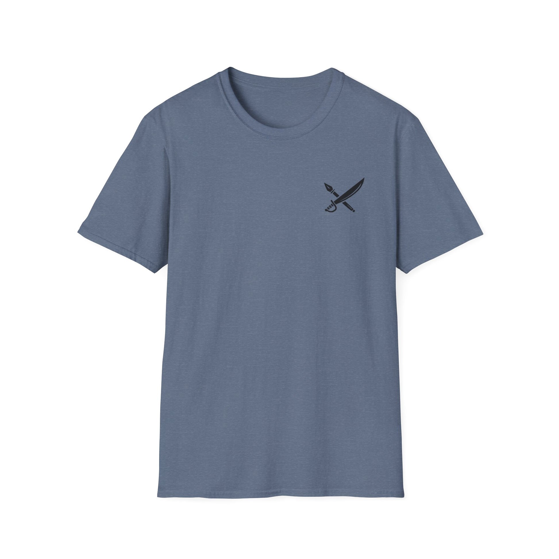 Blue t-shirt with a small black logo on a white background