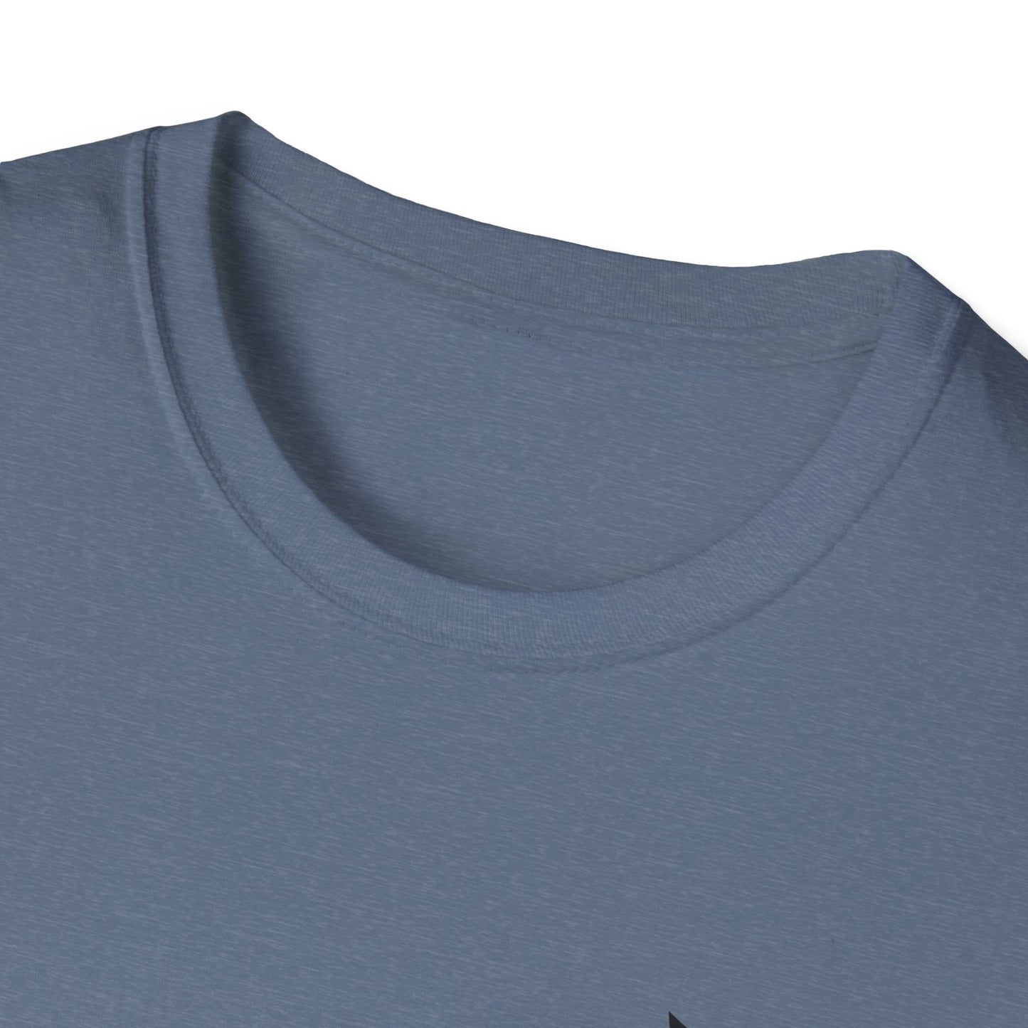 Close-up of a blue t-shirt with a focus on the neckline.