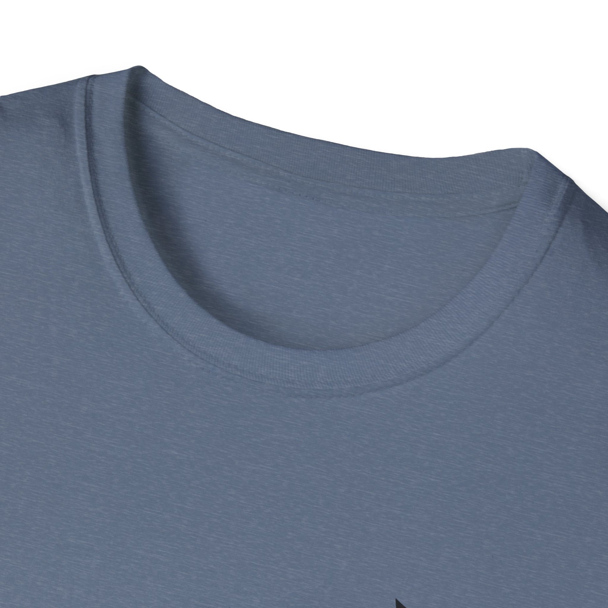 Close-up of a blue t-shirt with a focus on the neckline.