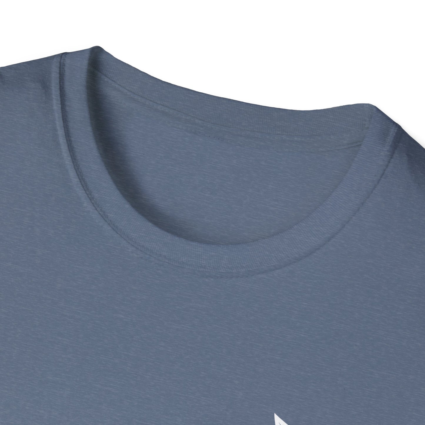 Close-up of a blue t-shirt with a collar detail on a white background