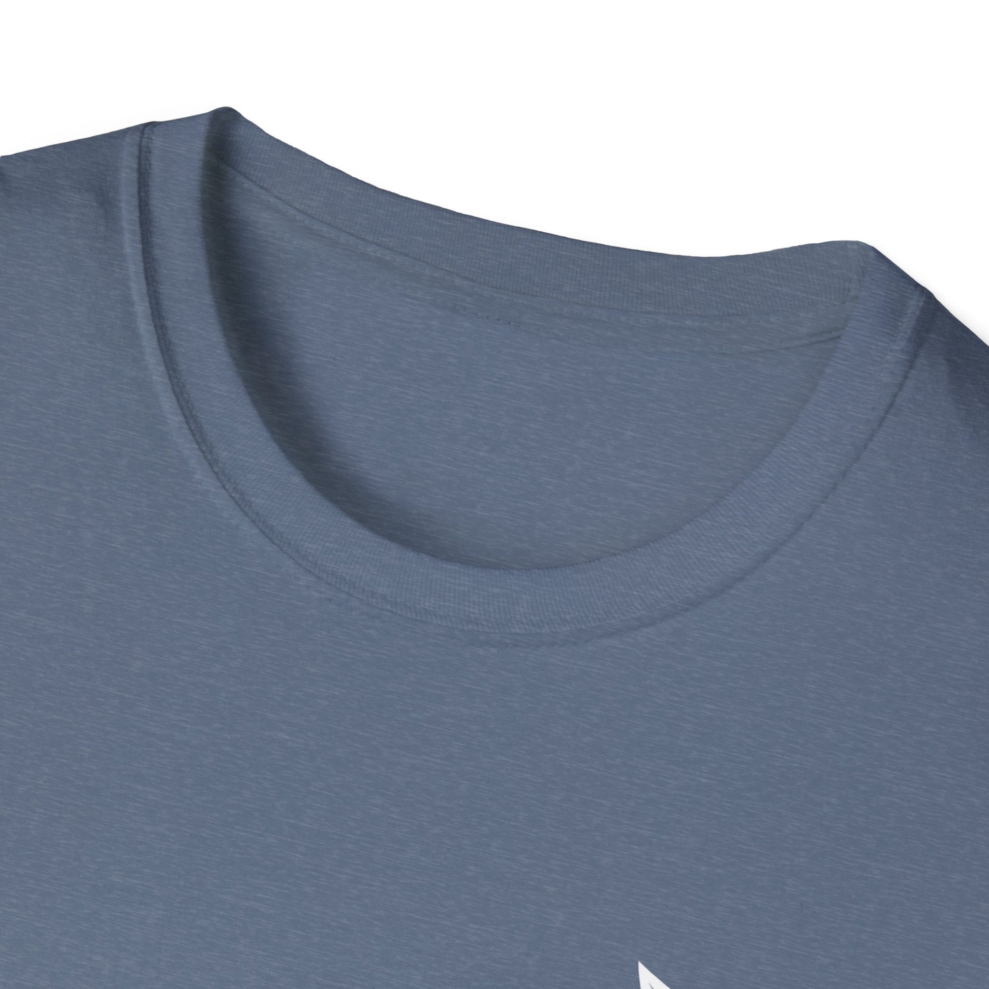 Close-up of a blue t-shirt with a collar detail on a white background