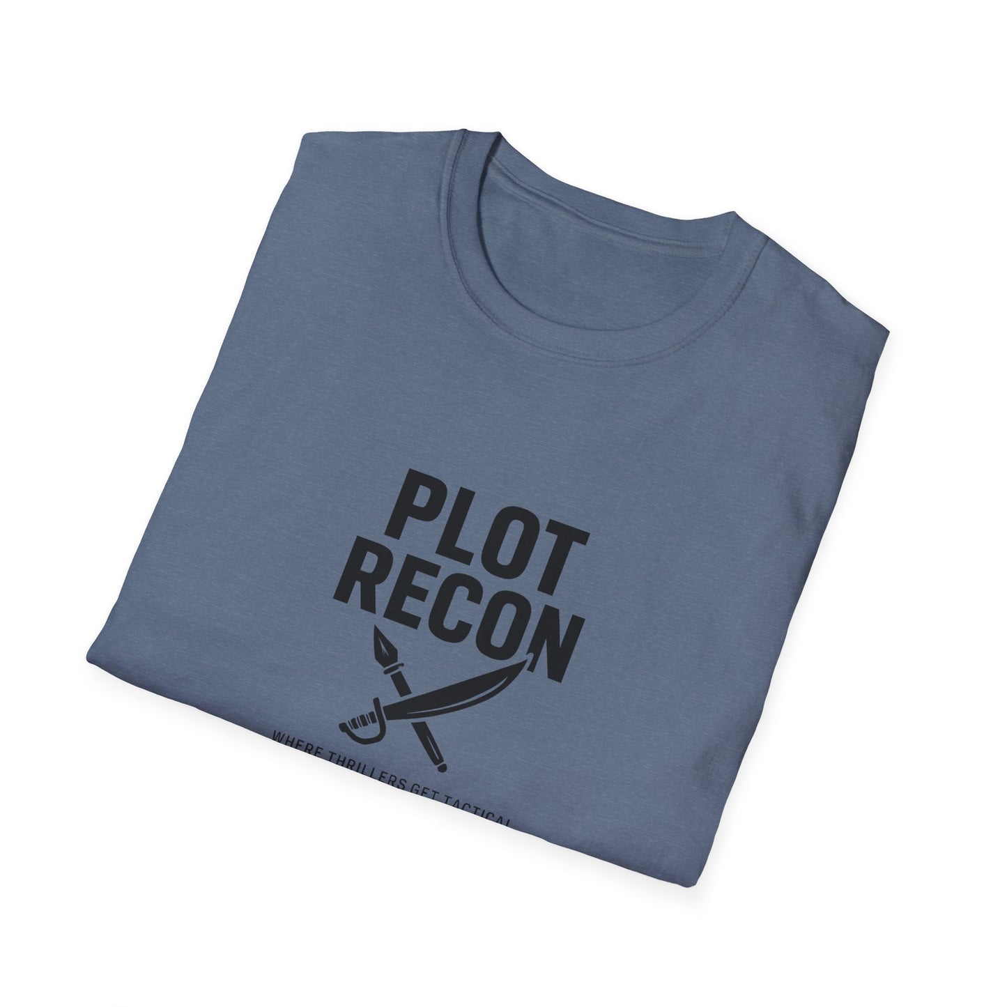Folded blue t-shirt with 'Plot Recon' text and sword graphic on a white background