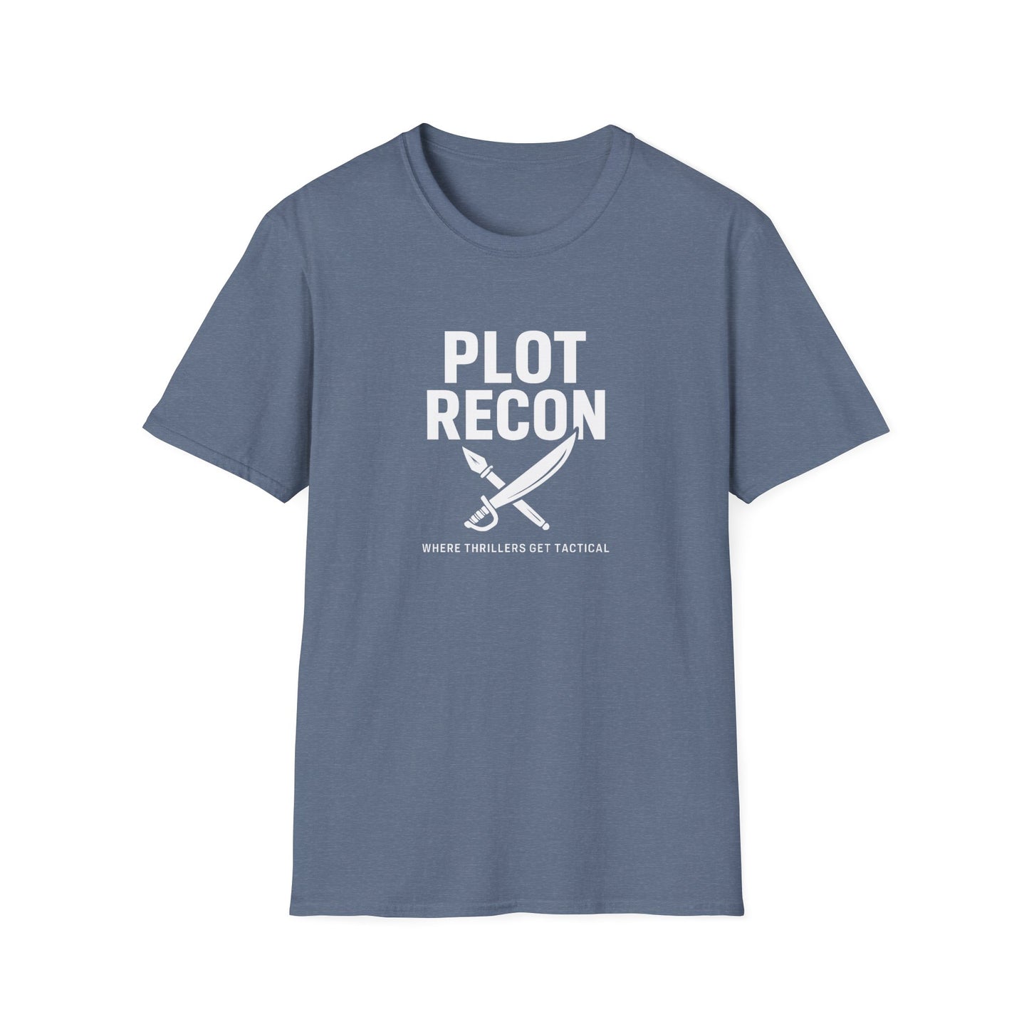 Blue t-shirt with 'Plot Recon' text and graphic on a white background
