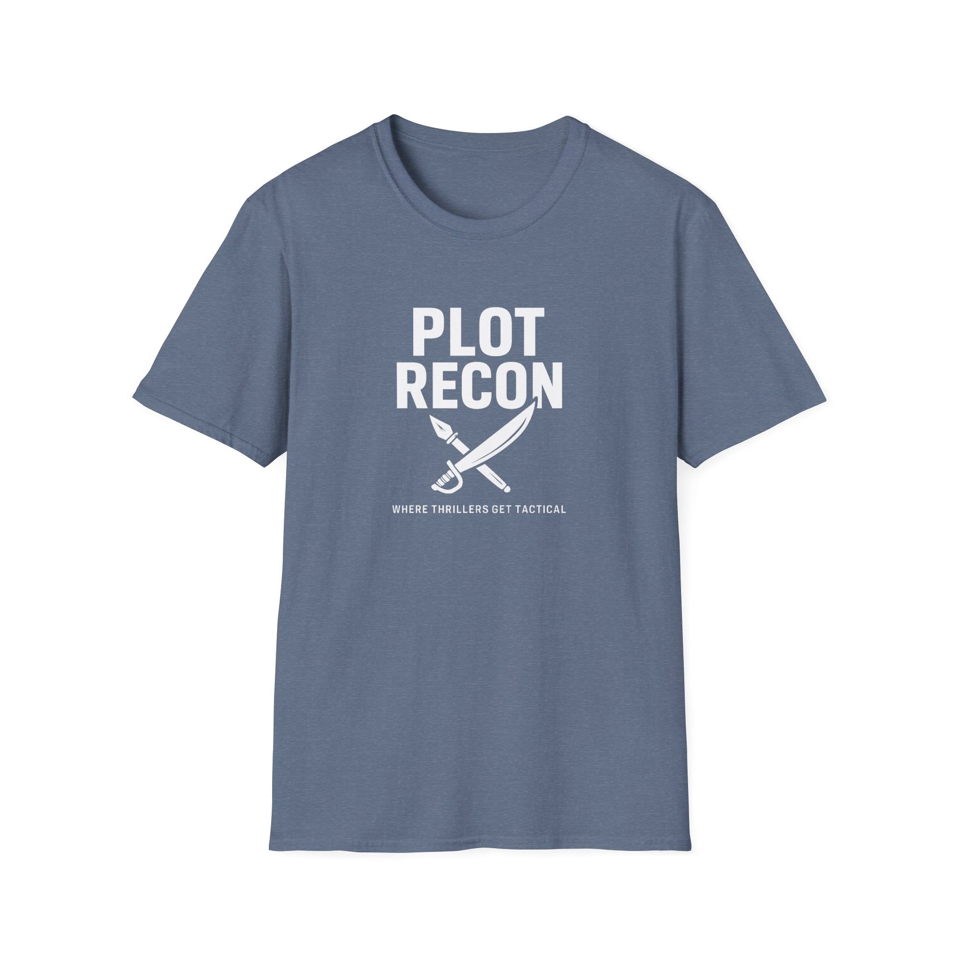 Blue t-shirt with 'Plot Recon' text and graphic on a white background
