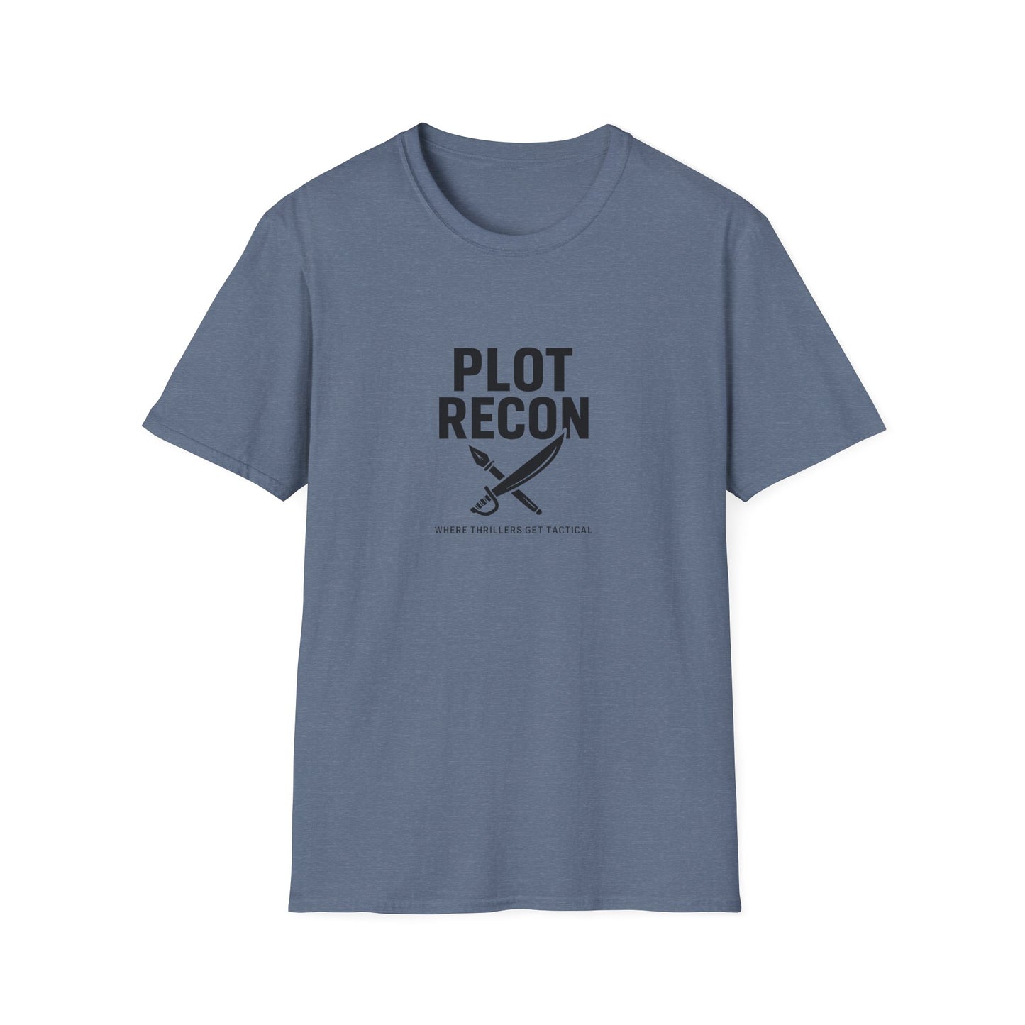 Blue t-shirt with 'Plot Recon' text and sword graphic on a white background