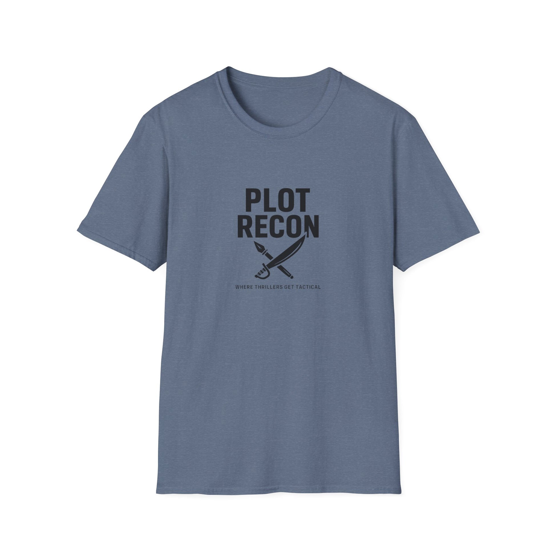 Blue t-shirt with 'Plot Recon' text and sword graphic on a white background