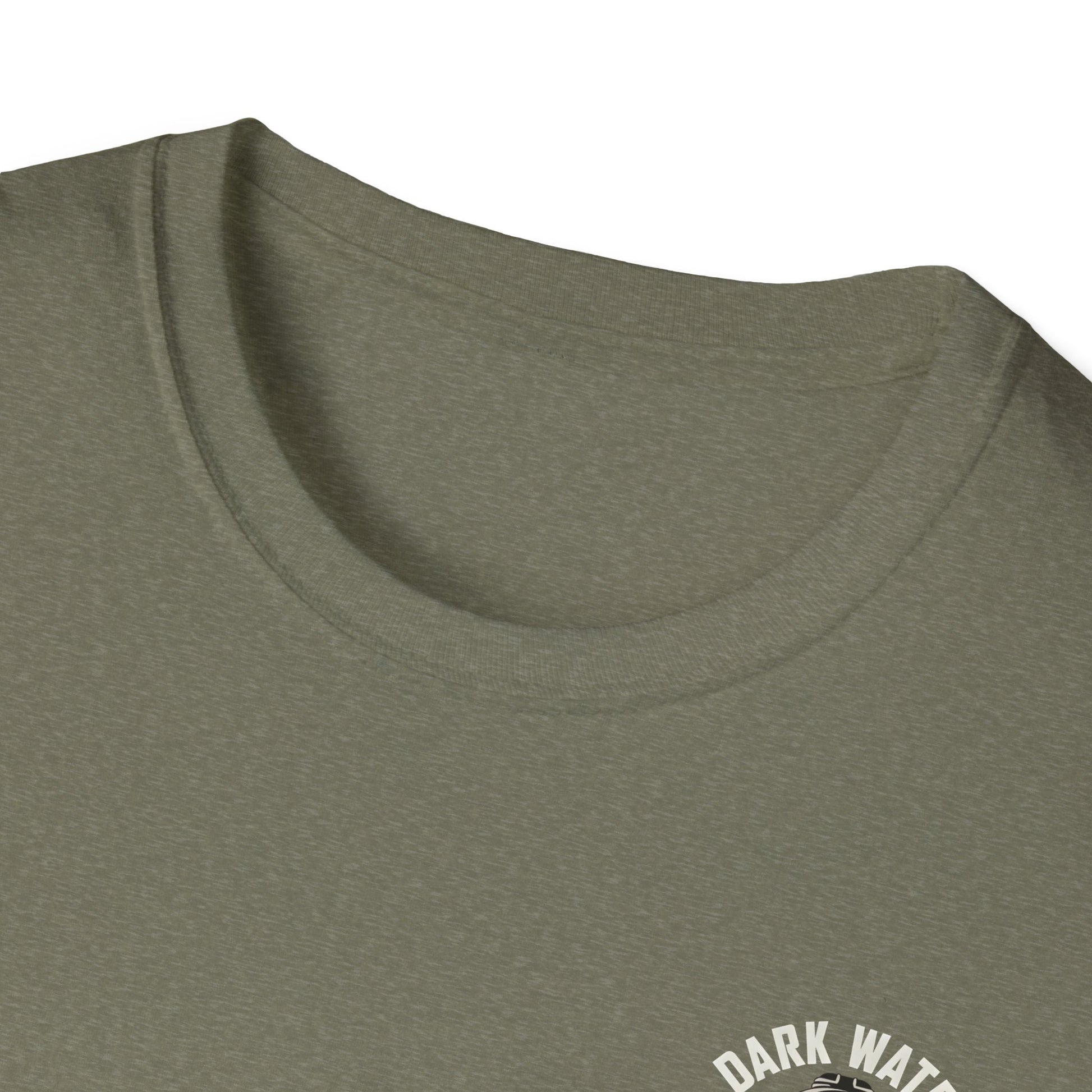 Close-up of a green t-shirt with 'Dark Water' logo on a white background