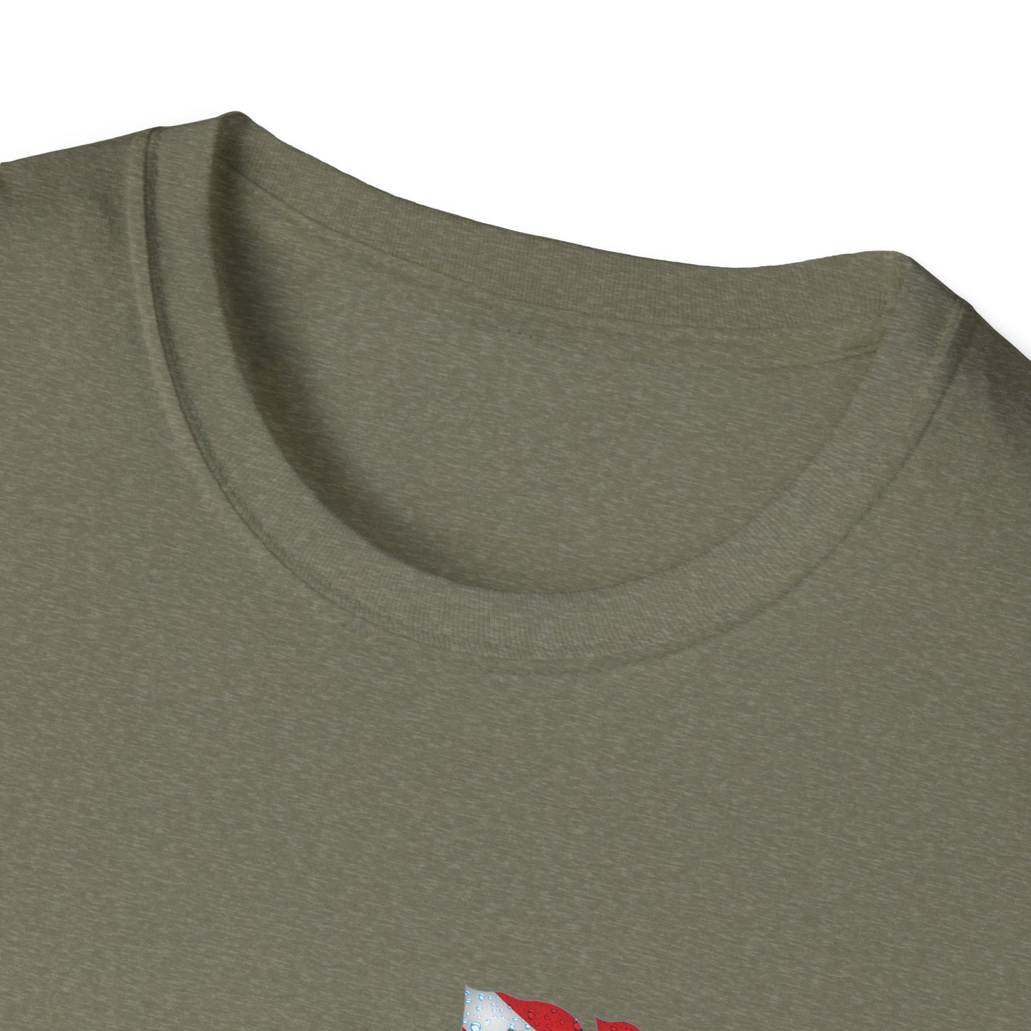 Close-up of a green t-shirt with a small red and white logo on a white background