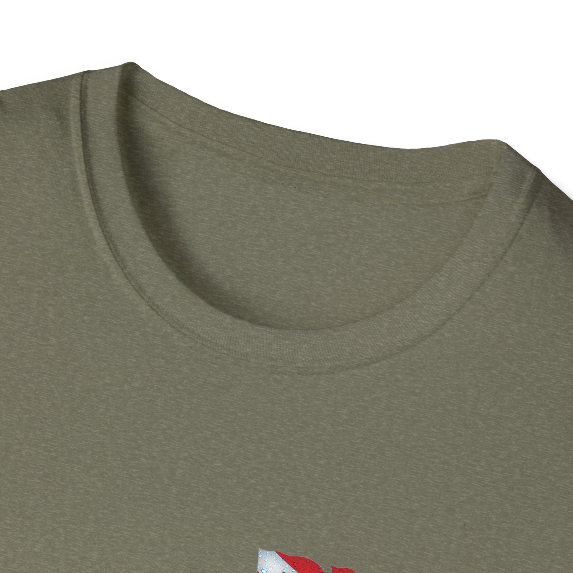Close-up of a green t-shirt with a small red and white logo on a white background