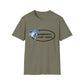 Green t-shirt with a blue shark graphic and text on a white background
