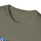 Close-up of a green t-shirt with a character design on a white background