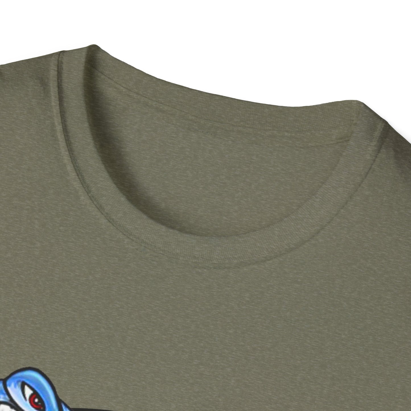 Close-up of a green t-shirt with a character design on a white background