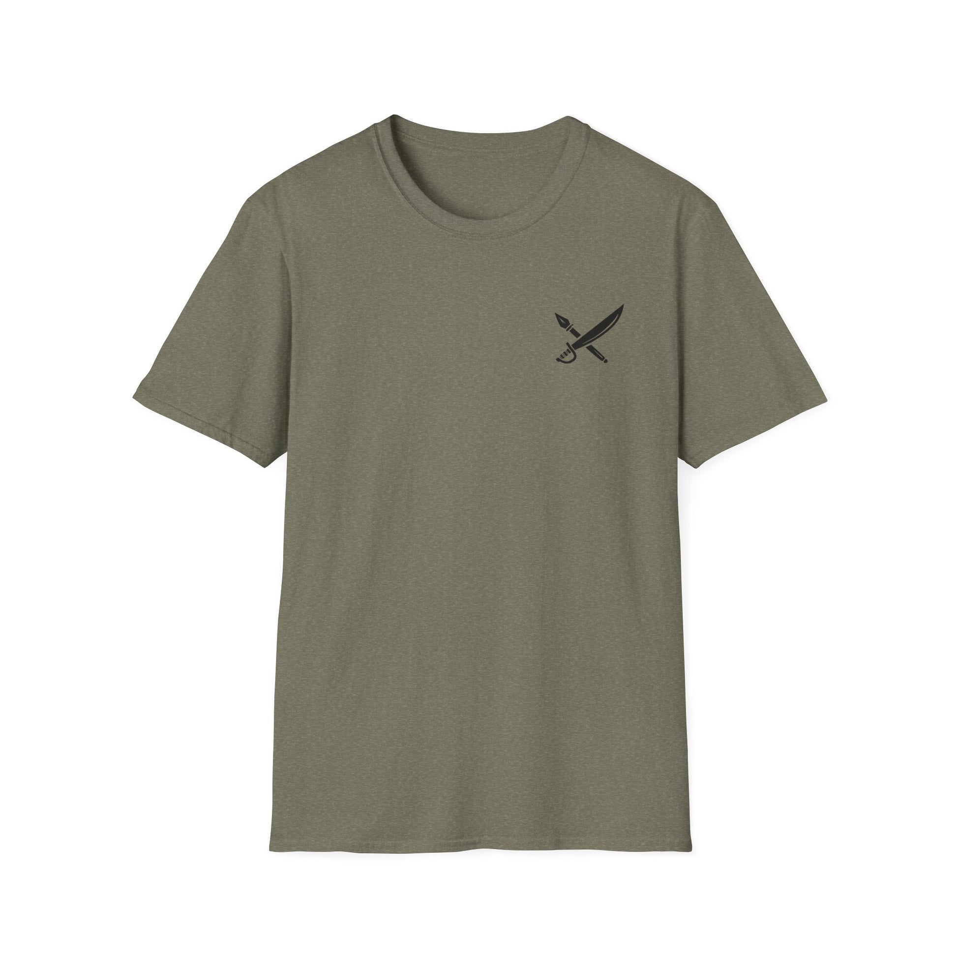 Green t-shirt with a small logo on a white background