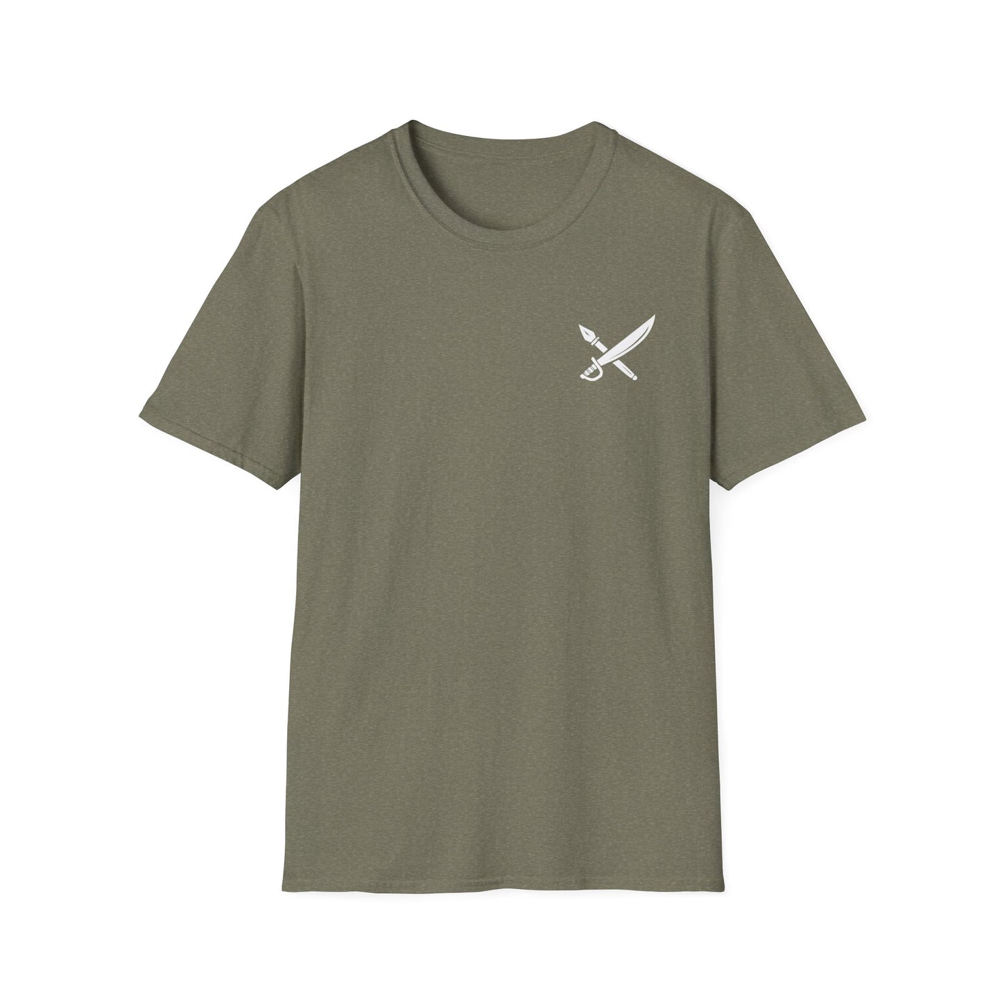 Green t-shirt with a white logo on a white background