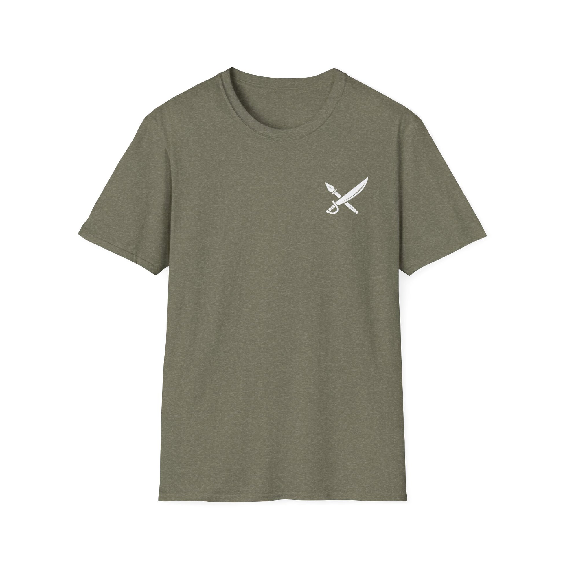 Green t-shirt with a white logo on a white background