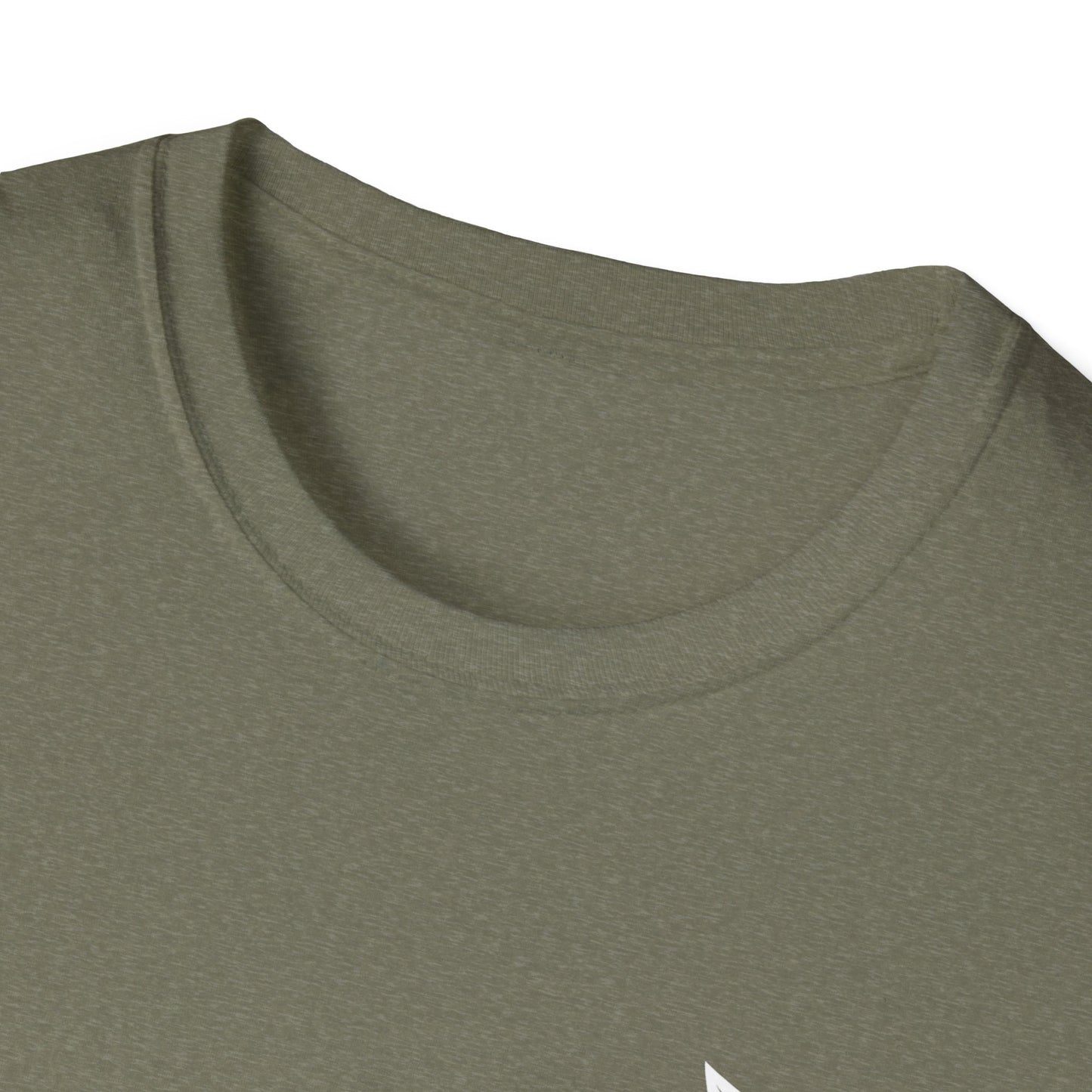 Close-up of a green t-shirt with a brand logo on a white background