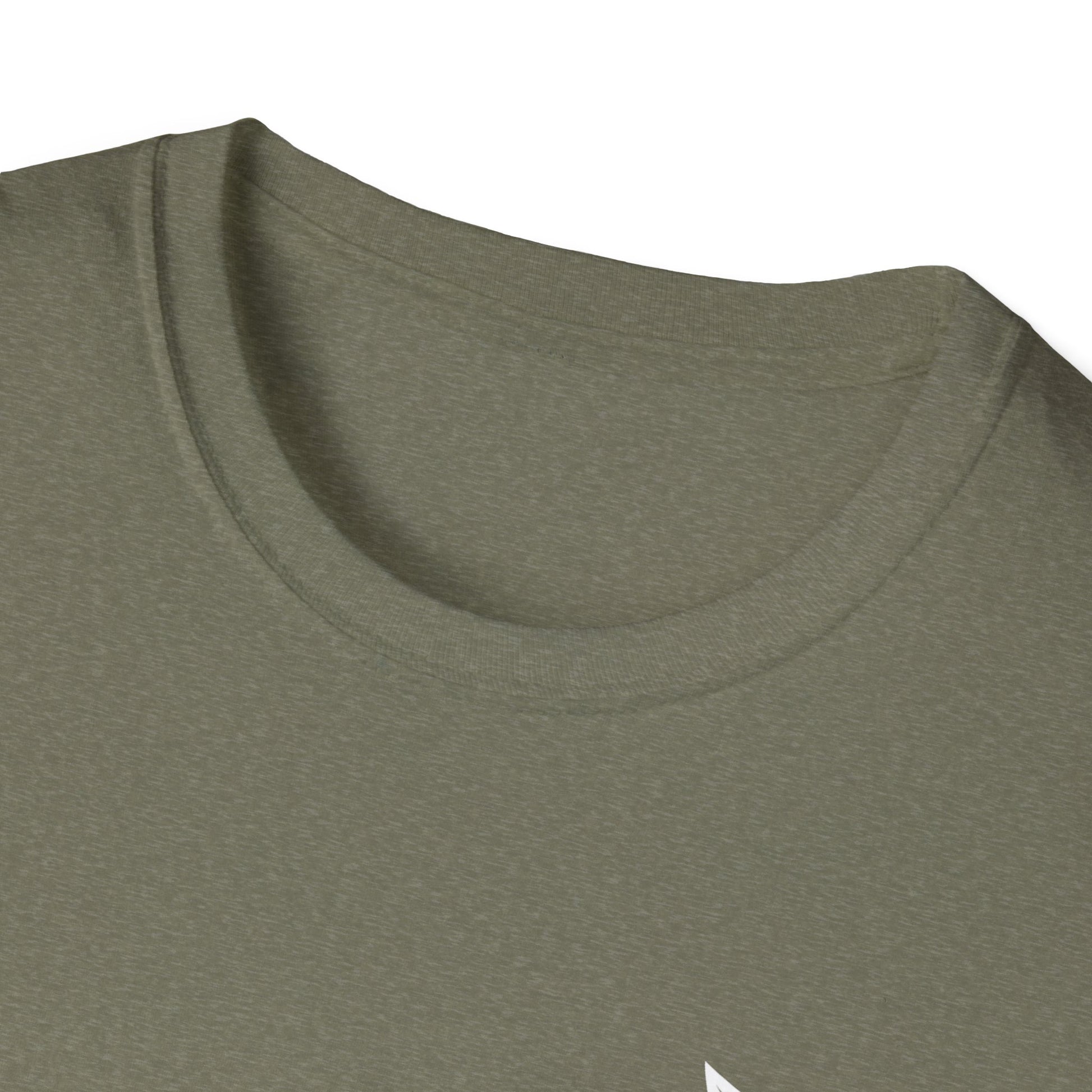 Close-up of a green t-shirt with a brand logo on a white background