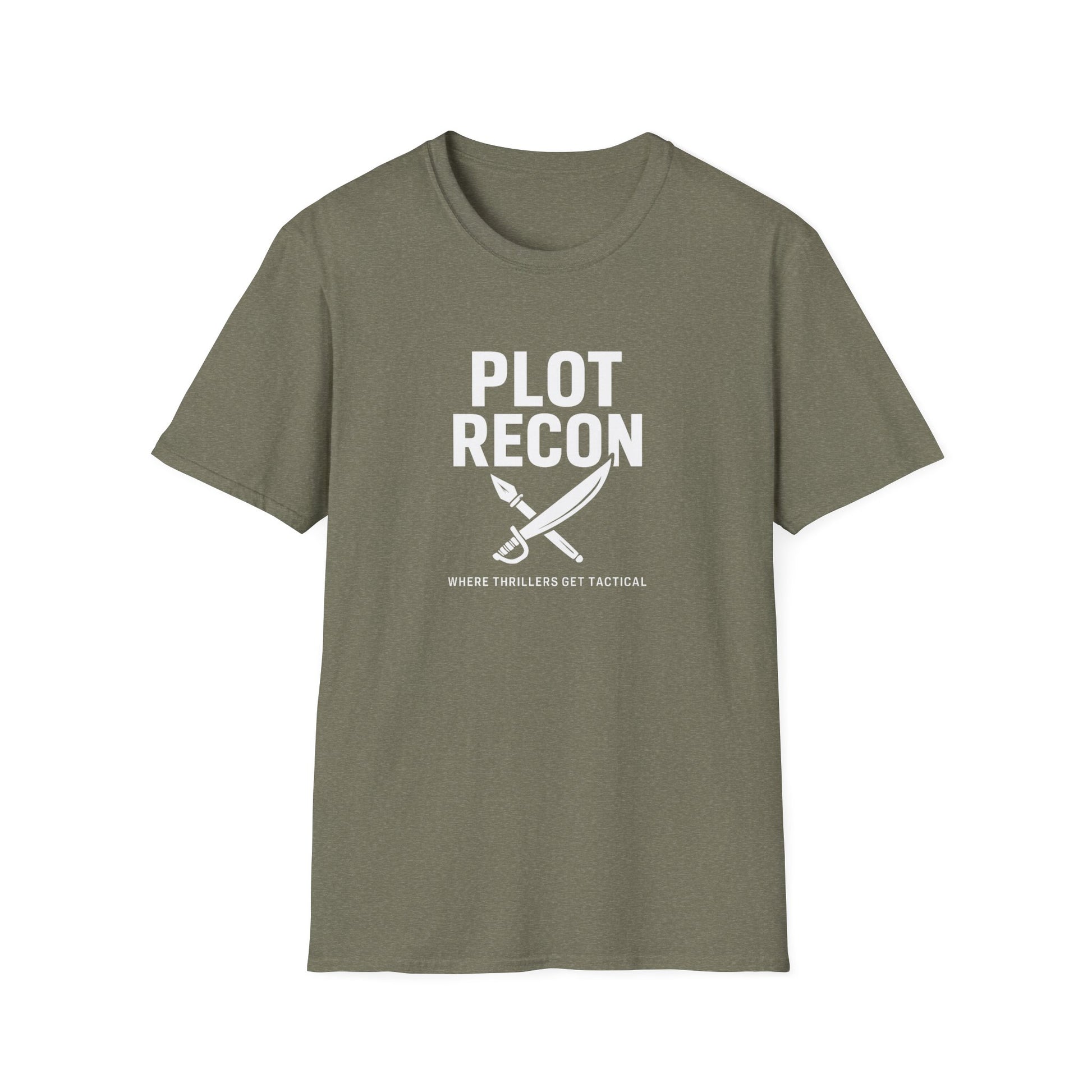 Green t-shirt with 'Plot Recon' text and graphic on a white background