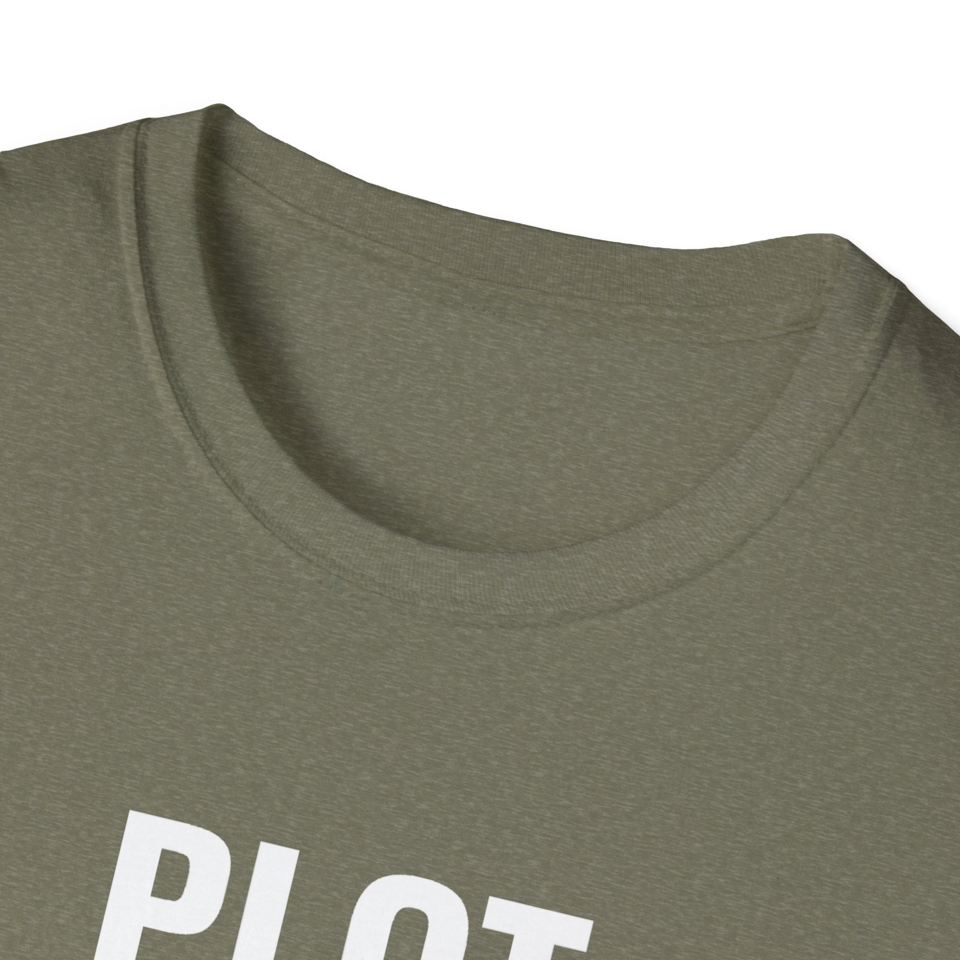 Close-up of a green t-shirt with 'PLOT Recon' text on a white background