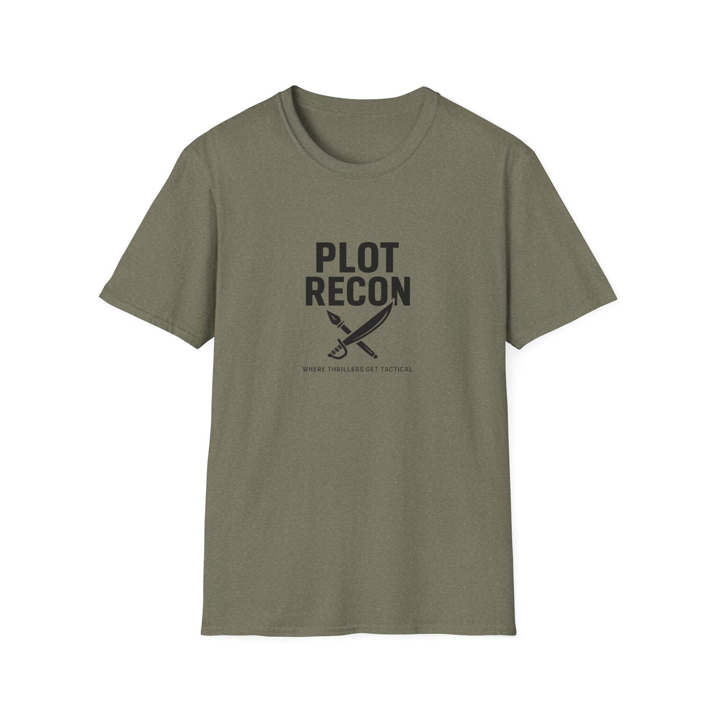 Green t-shirt with 'PLOT RECON' text and logo on a white background