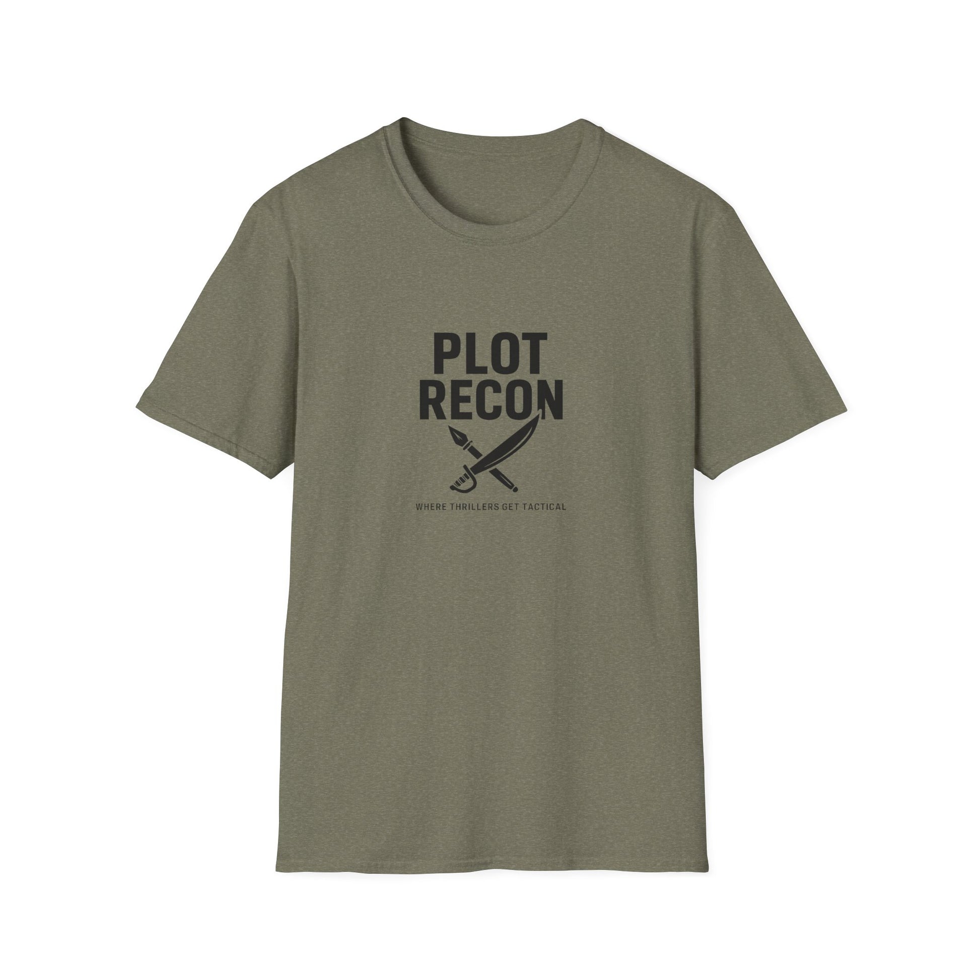 Green t-shirt with 'PLOT RECON' text and logo on a white background
