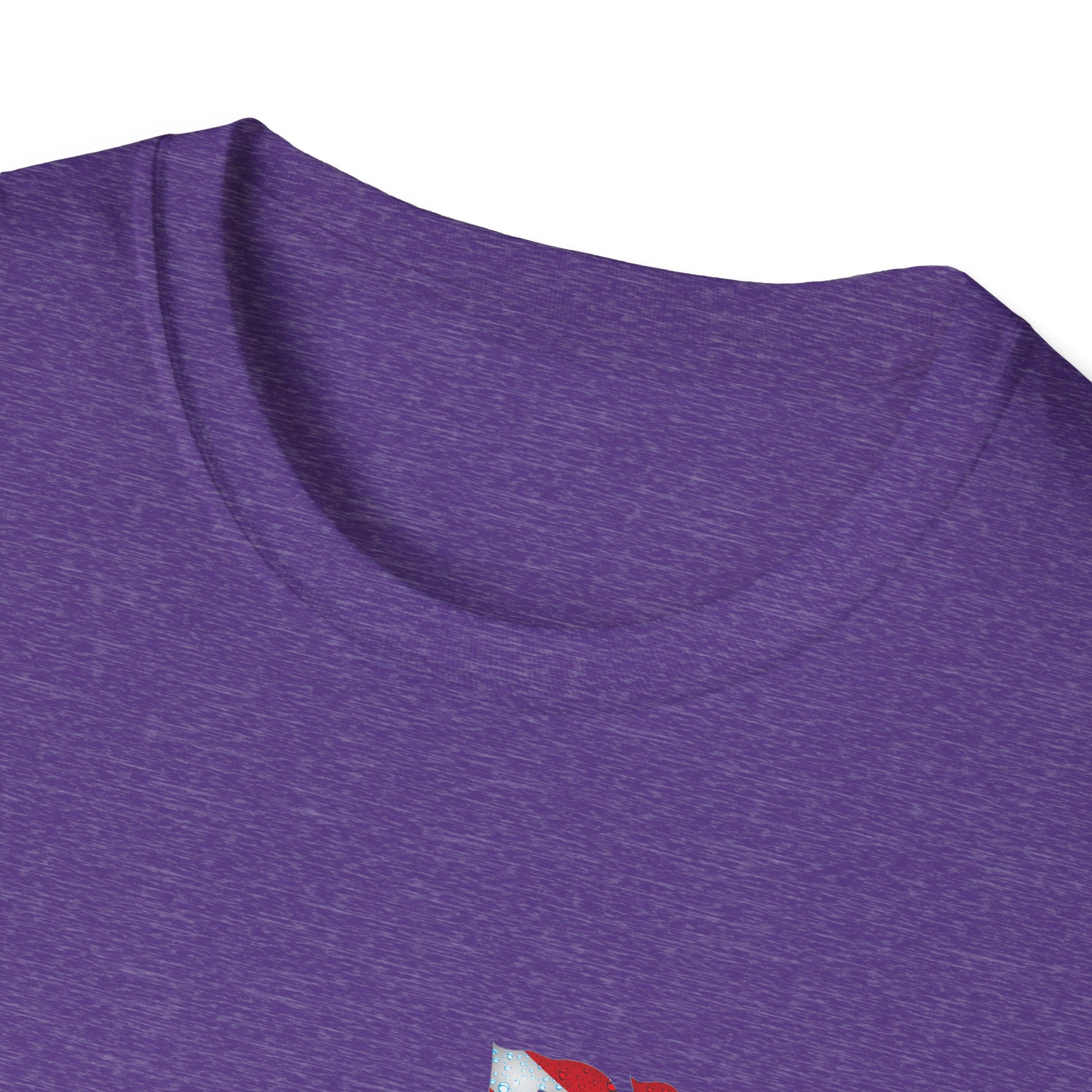 Close-up of a purple shirt with a small red and white logo on a white background