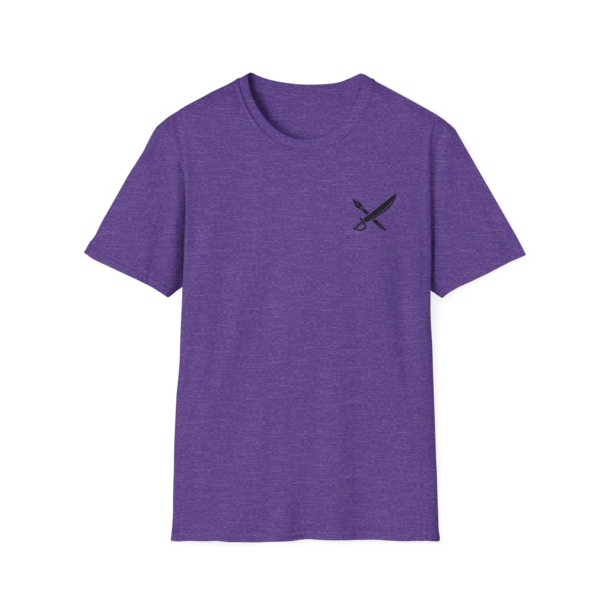 Purple t-shirt with a small black logo on a white background