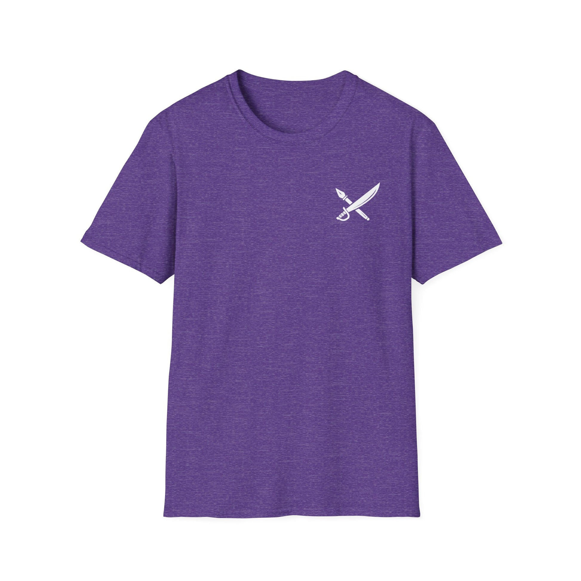 Purple t-shirt with a white logo on a white background