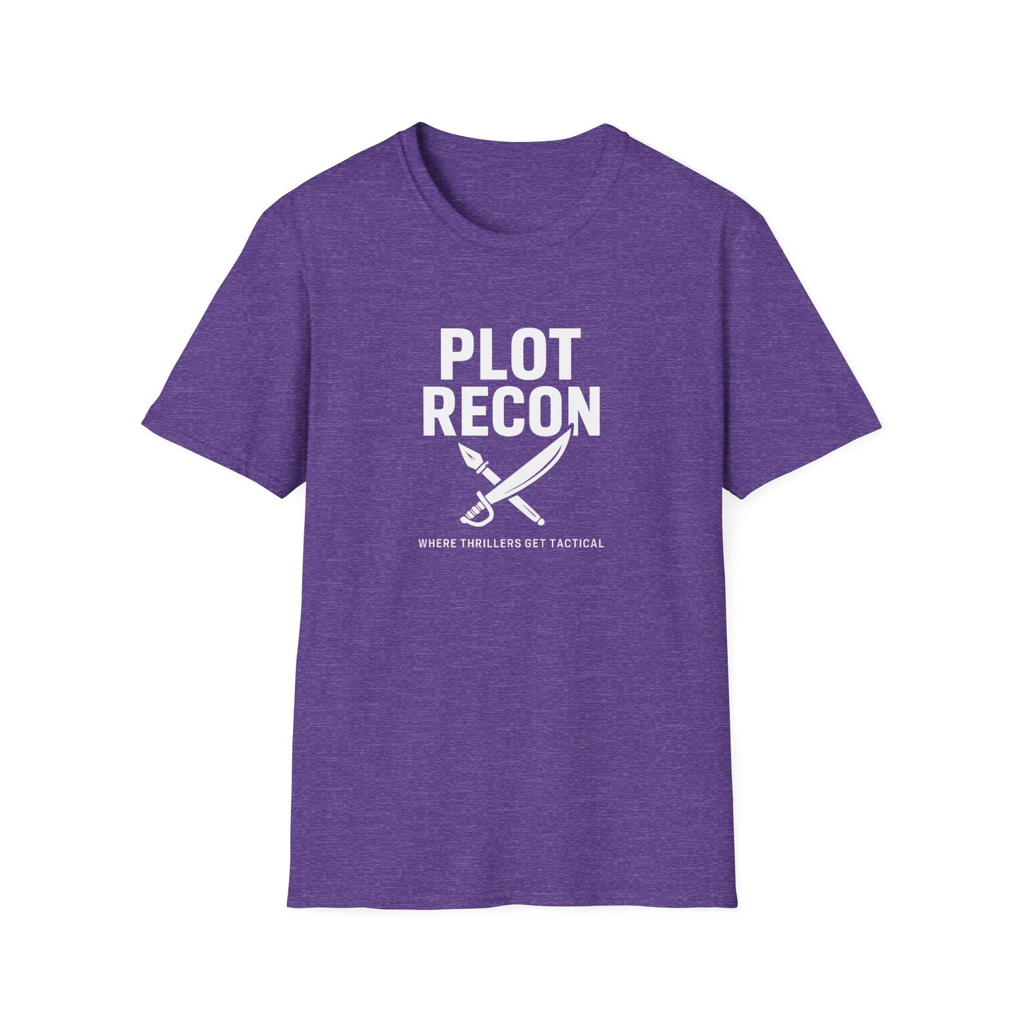 Purple t-shirt with white text and graphic on a white background