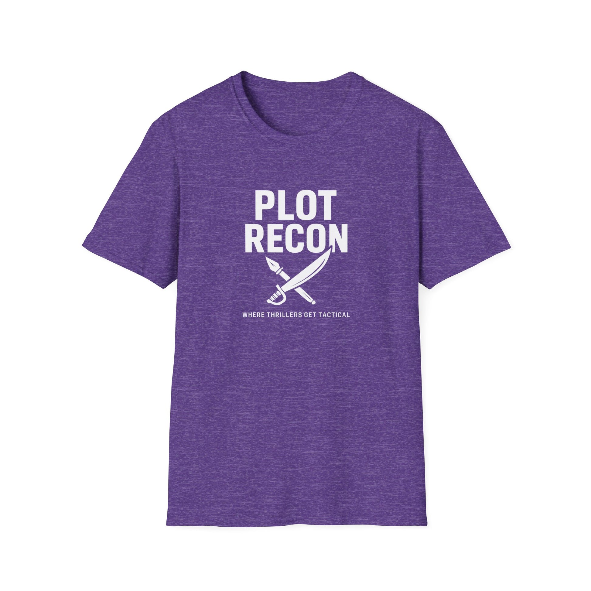 Purple t-shirt with white text and graphic on a white background