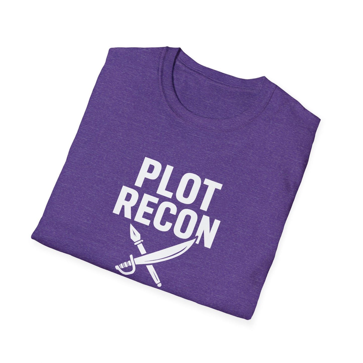 Folded purple t-shirt with 'PLOT RECON' text and a sword graphic on a white background