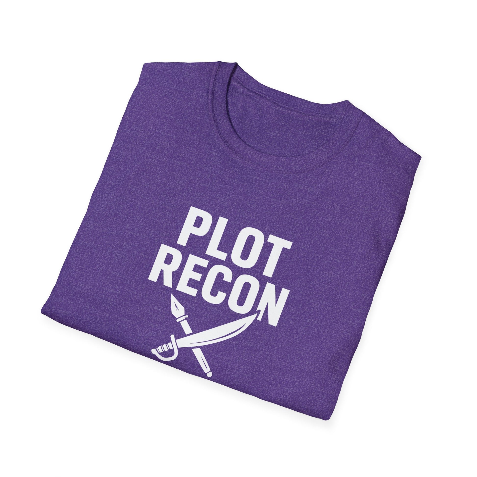 Folded purple t-shirt with 'PLOT RECON' text and a sword graphic on a white background