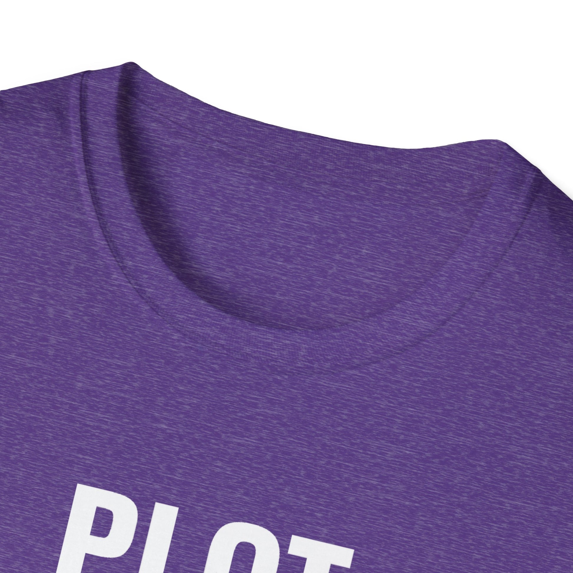 Close-up of a purple shirt with 'Pilot' text on a white background