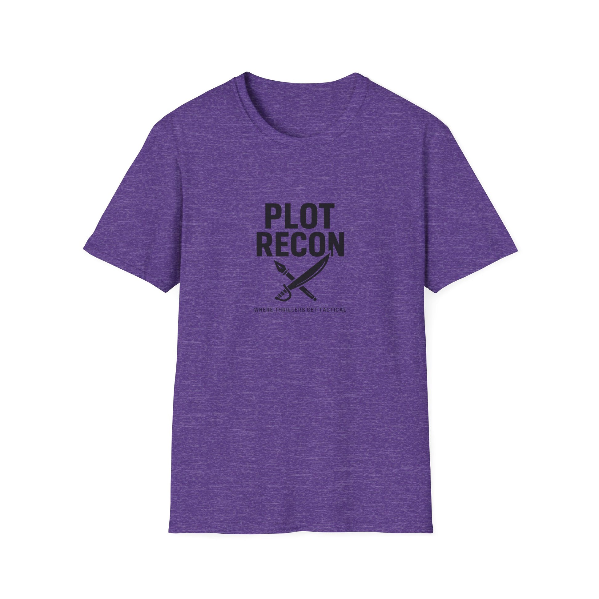 Purple t-shirt with 'PLOT RECON' text and a sword graphic on a white background