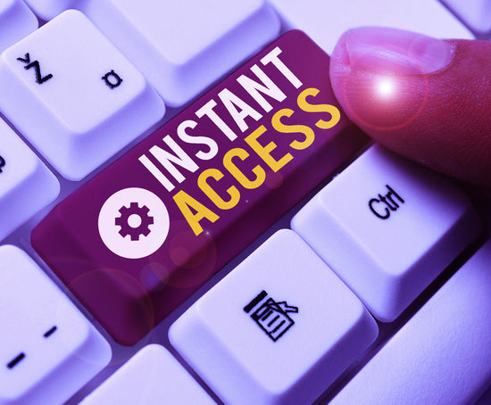 Keyboard with a button labeled 'Instant Access' and a hand pressing it.