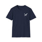 Navy blue t-shirt with a white logo on a white background